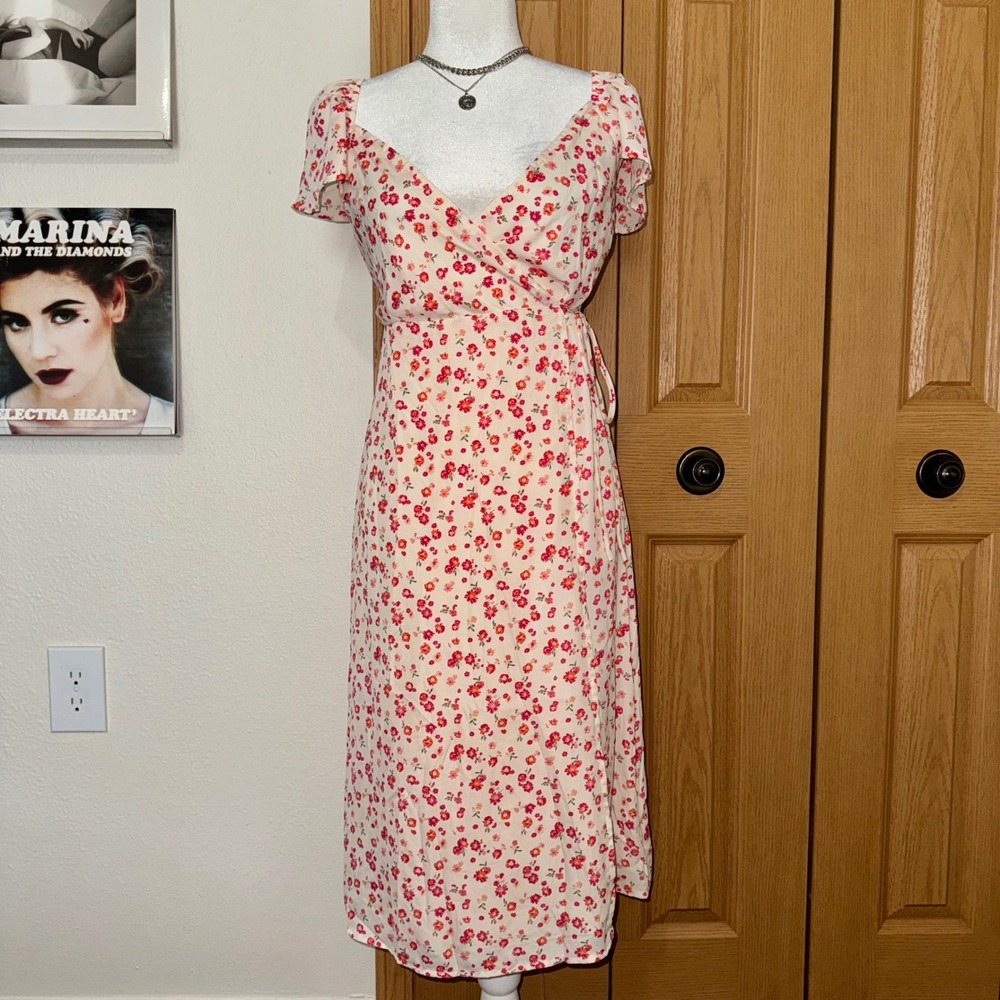 NWT Altar'd State Floral Wrap Midi Dress Ivory Pink Women's XS Coquette Preppy